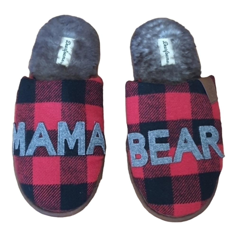 Dearfoams Plaid MAMA BEAR Furry Lined Slippers Women's Size Medium (7-8)